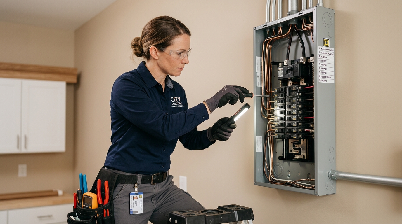 Licensed electrician performing inspection and wiring on a modern breaker panel